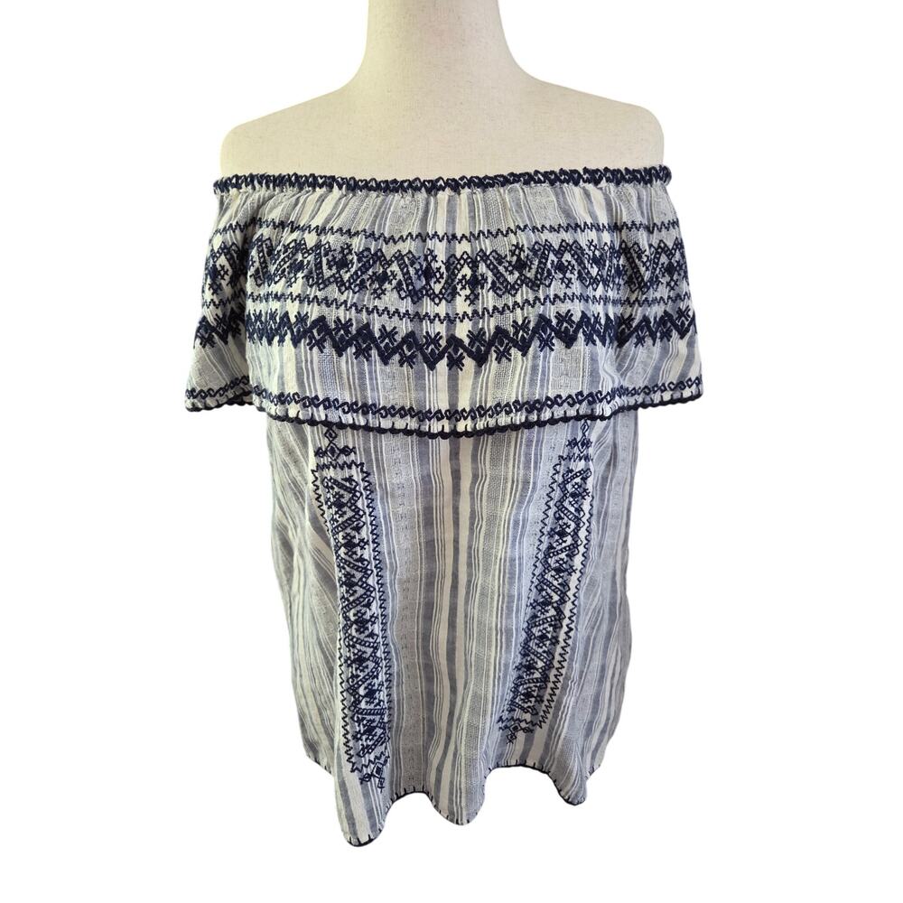 Calypso St. Barth Theta Top-Striped Embroidered Ruffle Beach Aztec Boho Luxury